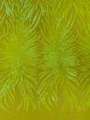Feather Wings Sequins - Yellow - 4 Way Stretch Embroidered Wings Sequin By Yard