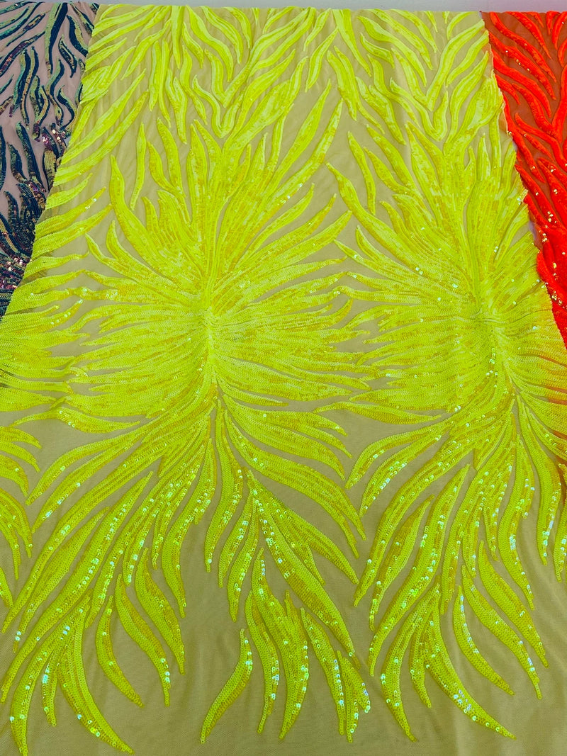 Feather Wings Sequins - Yellow - 4 Way Stretch Embroidered Wings Sequin By Yard