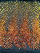 Feather Wings Sequins - Iridescent Orange On Black - 4 Way Stretch Embroidered Wings Sequin By Yard