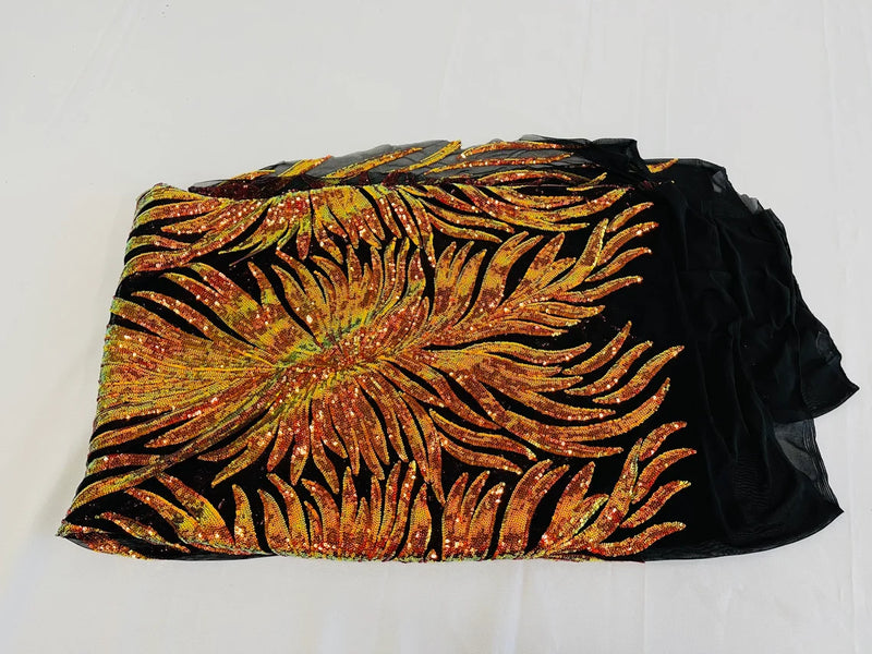 Feather Wings Sequins - Iridescent Orange On Black - 4 Way Stretch Embroidered Wings Sequin By Yard