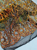 Heart Shape Sequins Fabric - Iridescent Orange on Black - 4 Way Stretch Sequins Damask Fabric By Yard