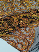 Heart Shape Sequins Fabric - Iridescent Orange on Black - 4 Way Stretch Sequins Damask Fabric By Yard