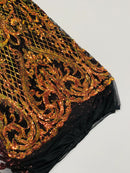 Heart Shape Sequins Fabric - Iridescent Orange on Black - 4 Way Stretch Sequins Damask Fabric By Yard