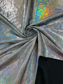 Foggy Foil Velvet Fabric - Iridescent Silver on Black - Oil Slick 4 Way Stretch Foil Velvet Fabric By Yard