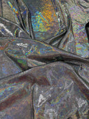 Foggy Foil Velvet Fabric - Iridescent Silver on Black - Oil Slick 4 Way Stretch Foil Velvet Fabric By Yard