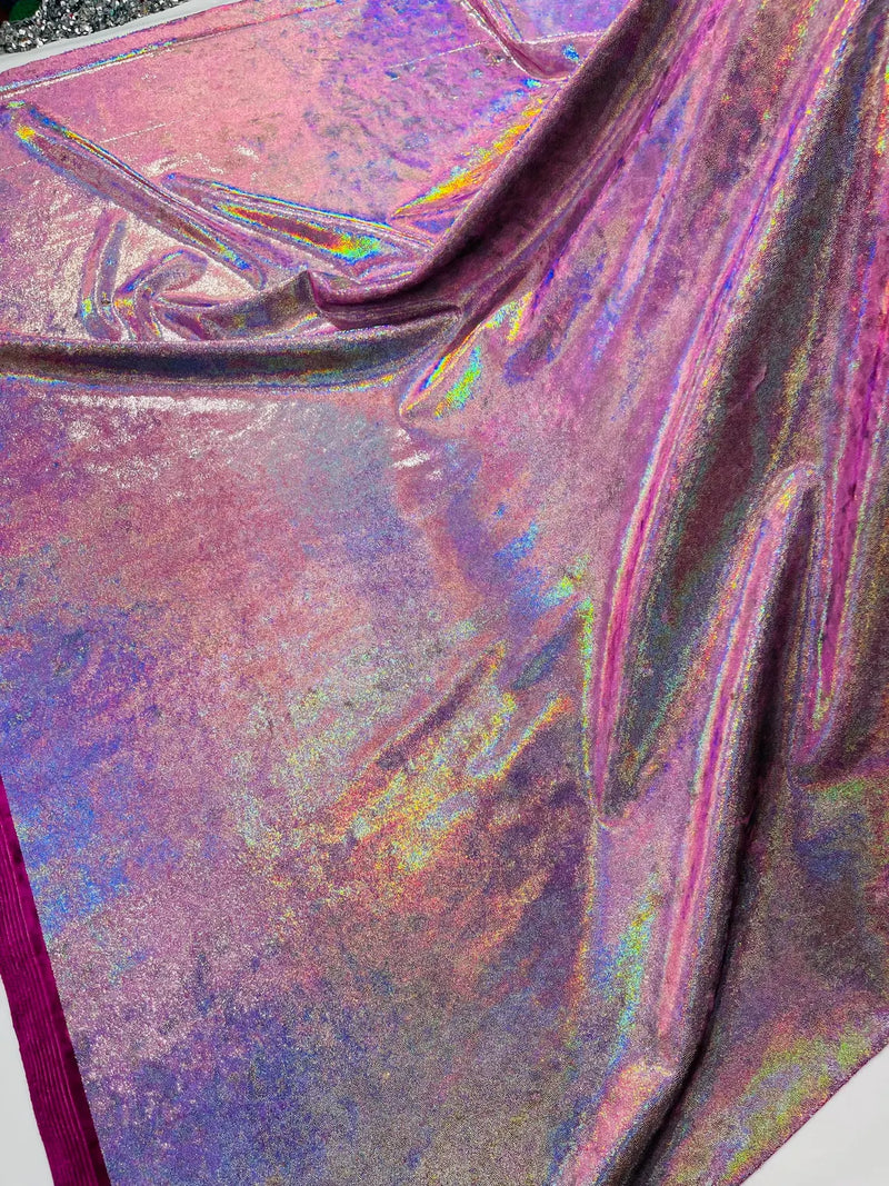 Foggy Foil Velvet Fabric - Iridescent Silver on Mauve - Oil Slick 4 Way Stretch Foil Velvet Fabric By Yard