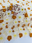 Multi-Color Guipure Lace Fabric - Ivory / Brown / Yellow  - Floral Lace Fabric Sold by The Yard