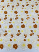 Multi-Color Guipure Lace Fabric - Ivory / Brown / Yellow  - Floral Lace Fabric Sold by The Yard