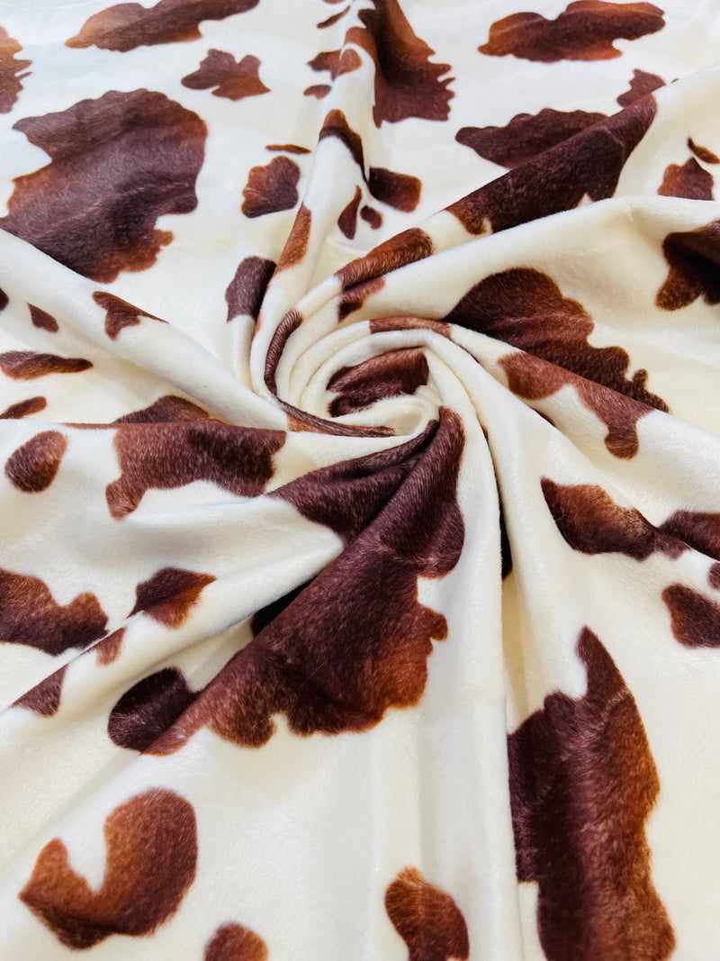Velboa Faux Fur Fabric - Ivory / Brown - Cow Animal Print Velboa Fur Fabric Sold By Yard
