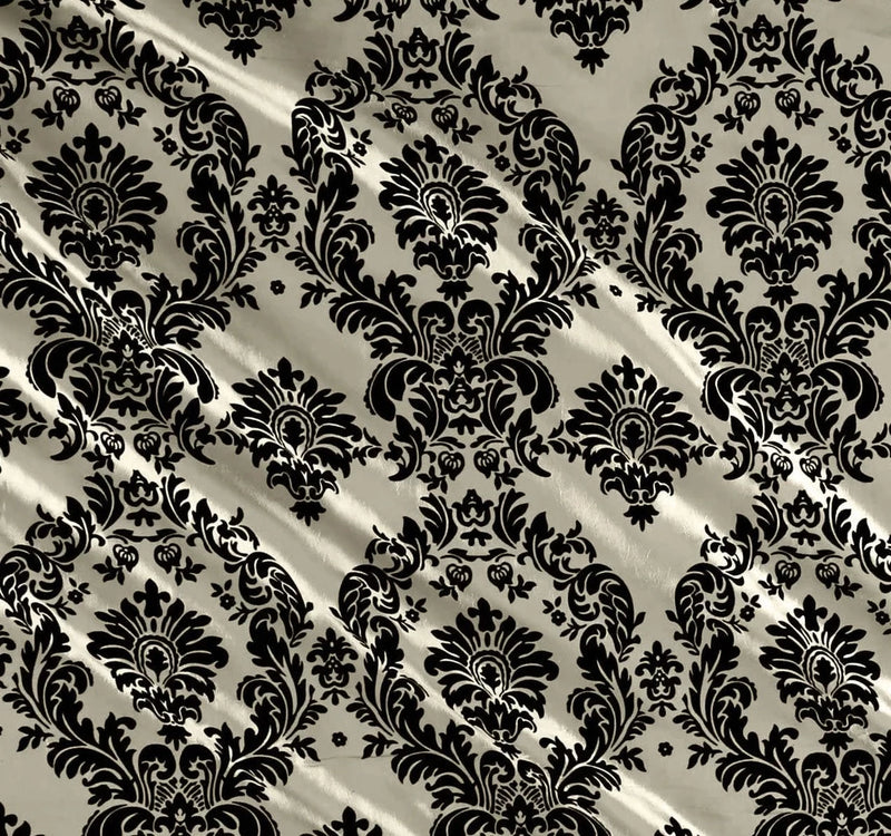 Flocked Damask Taffeta Fabric - Flocked Velvet Fancy Damask Design Taffeta Sold By Yard