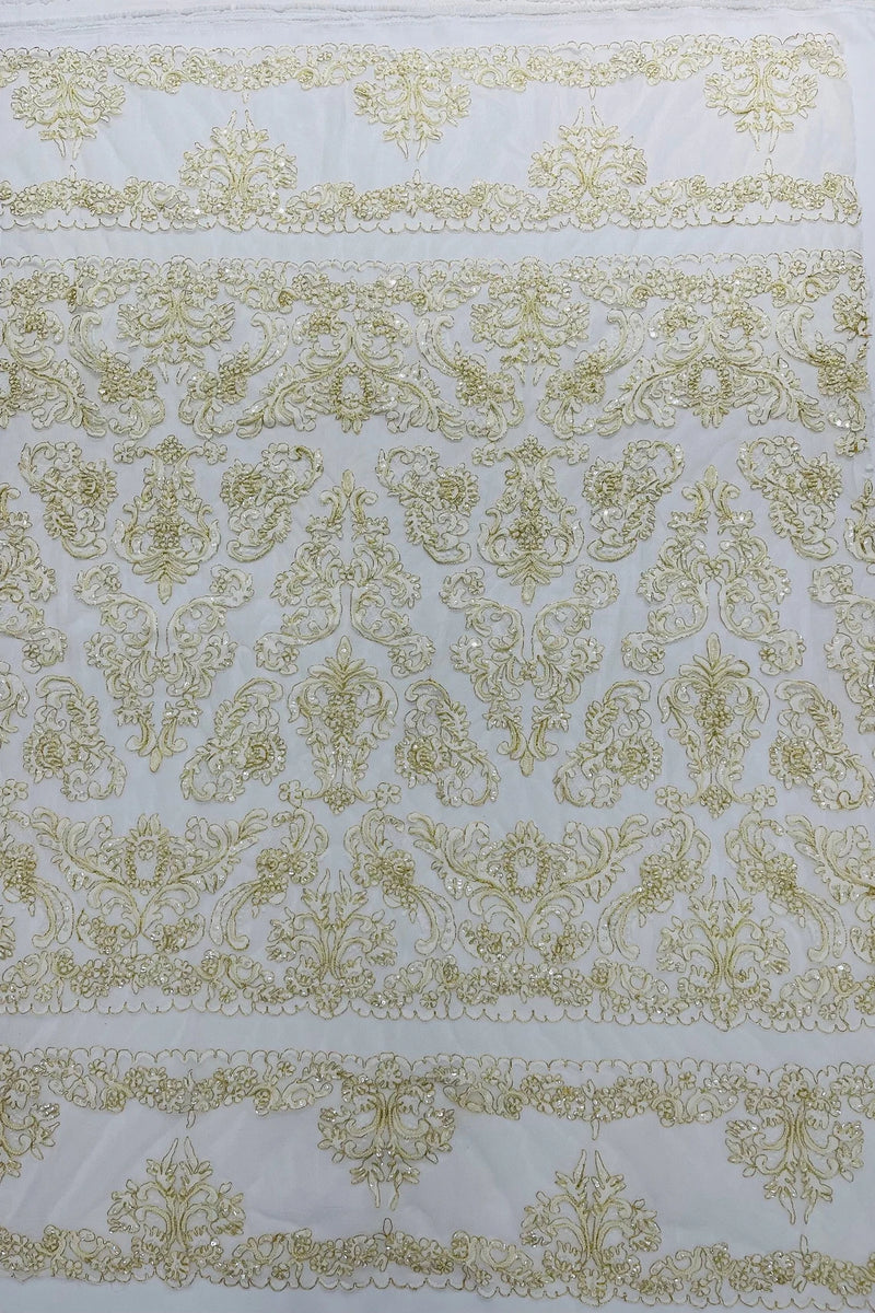 My Lady Beaded Fabric - Ivory / Gold - Damask Beaded Sequins Embroidered Fabric By Yard