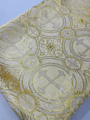 58/60" Cross Brocade Fabric - Ivory / Gold - Religious Church Vestment Cross Jacquard Fabric By Yard