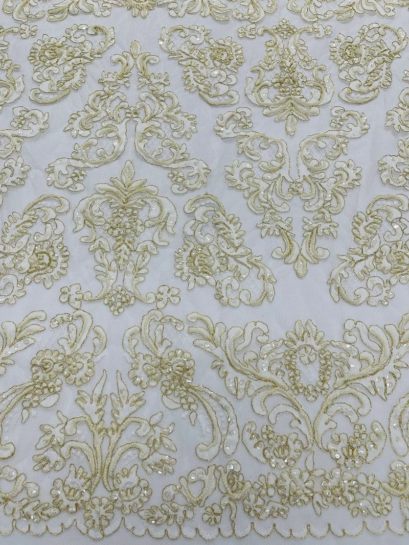 My Lady Beaded Fabric - Ivory / Gold - Damask Beaded Sequins Embroidered Fabric By Yard