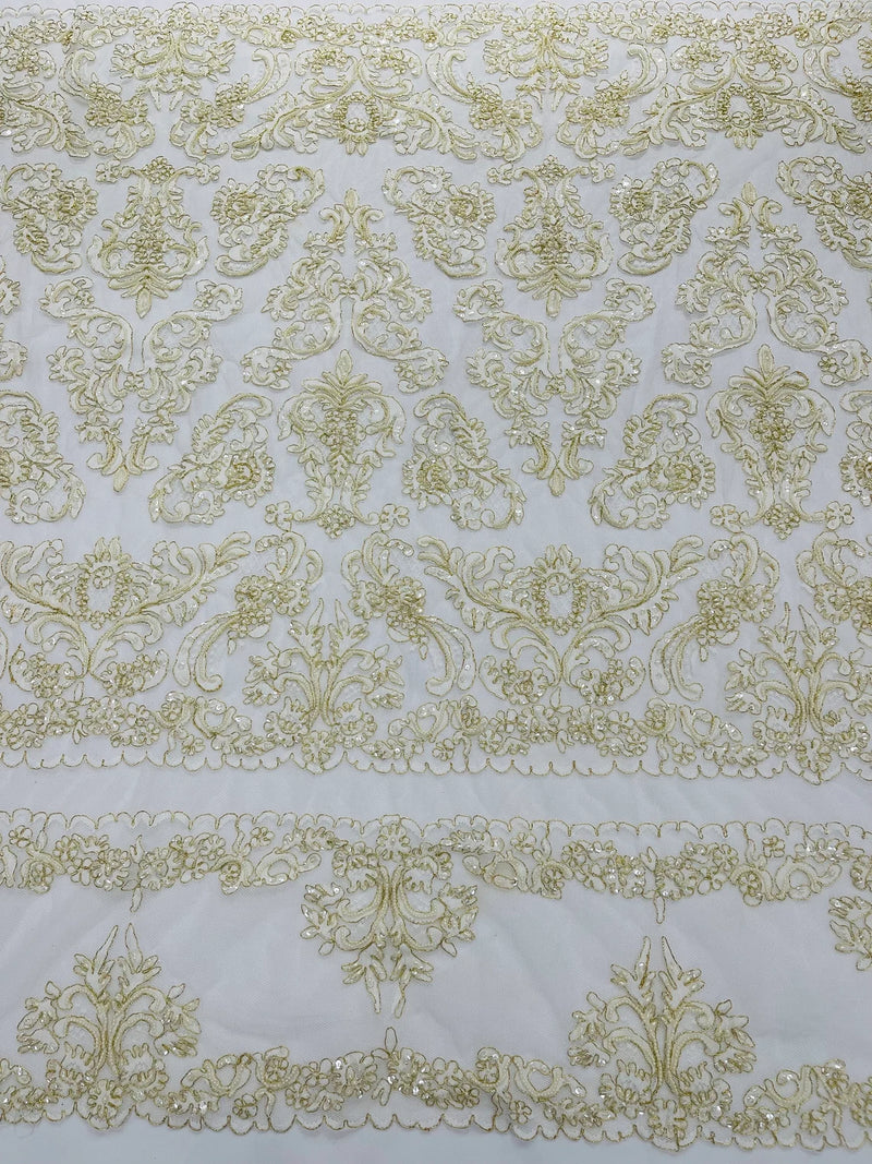 My Lady Beaded Fabric - Ivory / Gold - Damask Beaded Sequins Embroidered Fabric By Yard
