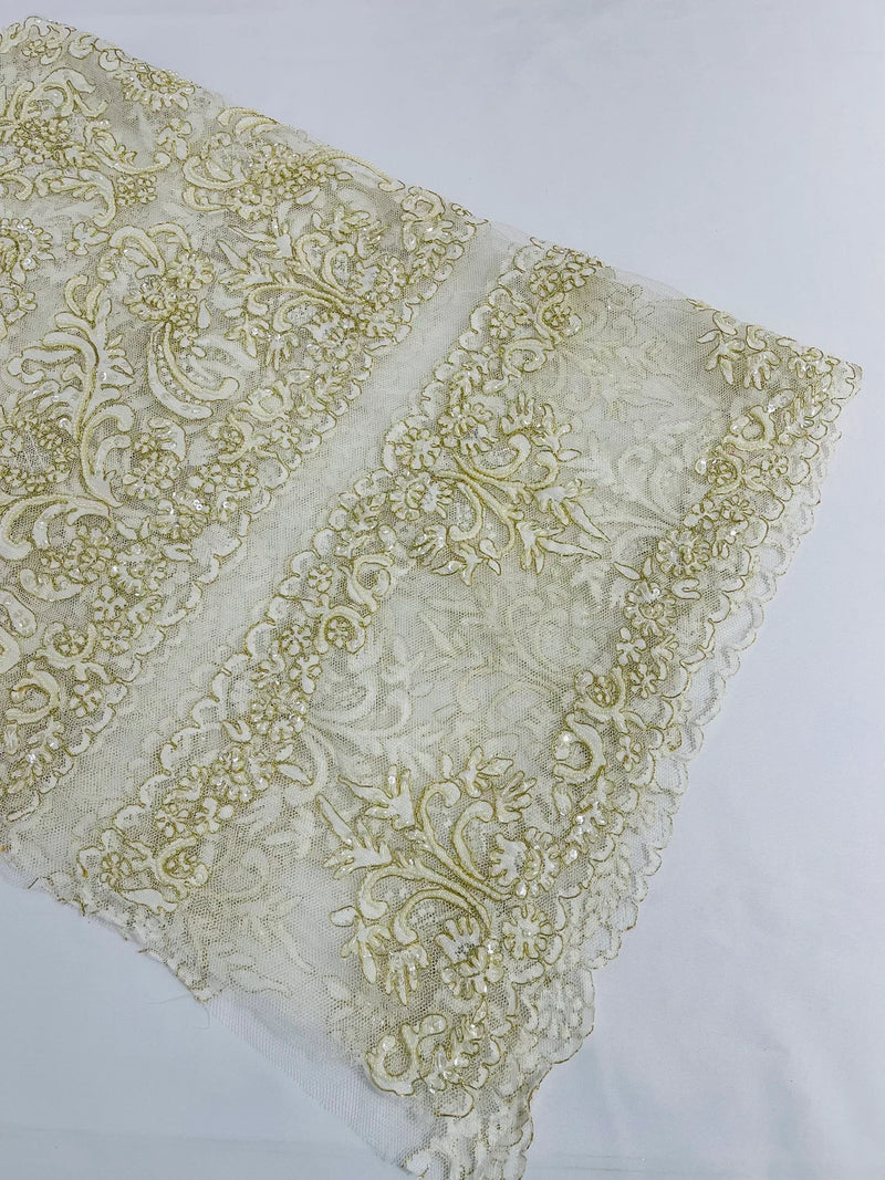 My Lady Beaded Fabric - Ivory / Gold - Damask Beaded Sequins Embroidered Fabric By Yard