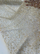 Bead/Sequins Lace Fabric - Ivory/Silver - Small Sequins and Beads Embroidered on Lace Fabric By Yard
