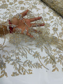 Floral Silver Bead Fabric - Ivory - Beaded Flower Design with Sequins on Lace Mesh by Yard