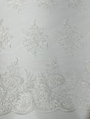 Flower Lace Sequins Fabric - Ivory - Embroidered Floral Pattern Fabric with Sequins on Lace By Yard