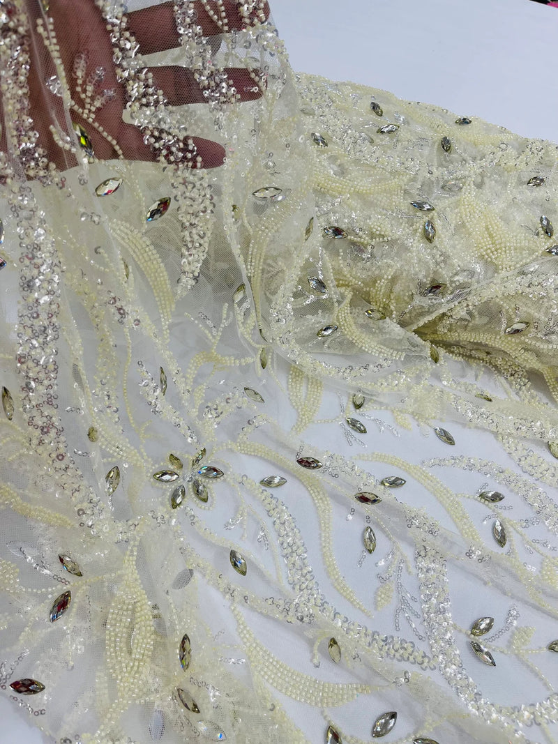 Floral & Leaf Pattern Bead Fabric - Ivory - Embroidered Beaded Rhinestone on a Mesh, Sold By Yard