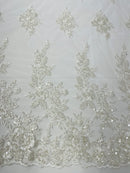 Rose Beaded Sequin Fabric - Ivory - Embroidered Floral Pattern with Beads and Sequins By Yard