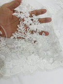 Flower 3D Corded Fabric - Ivory - Lace Mesh Fabric Embroidered Floral Design by Yard