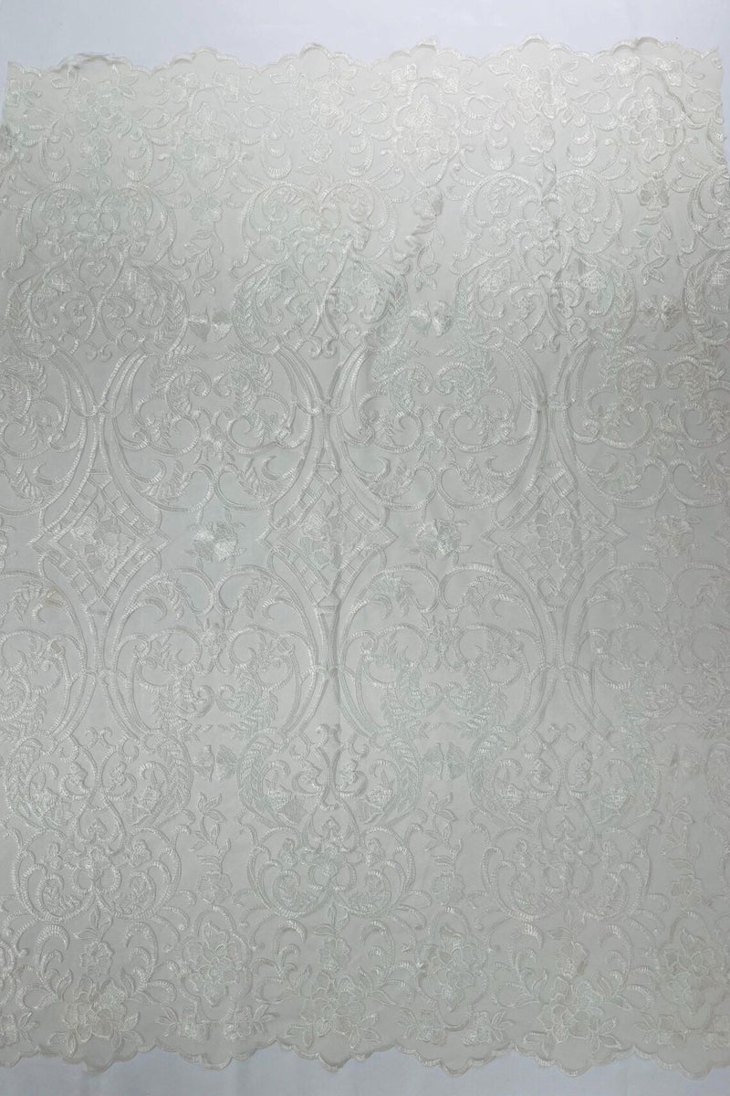 Damask Fancy Design - Ivory - Embroidered Mesh Damask Design Lace Fabric Sold by Yard