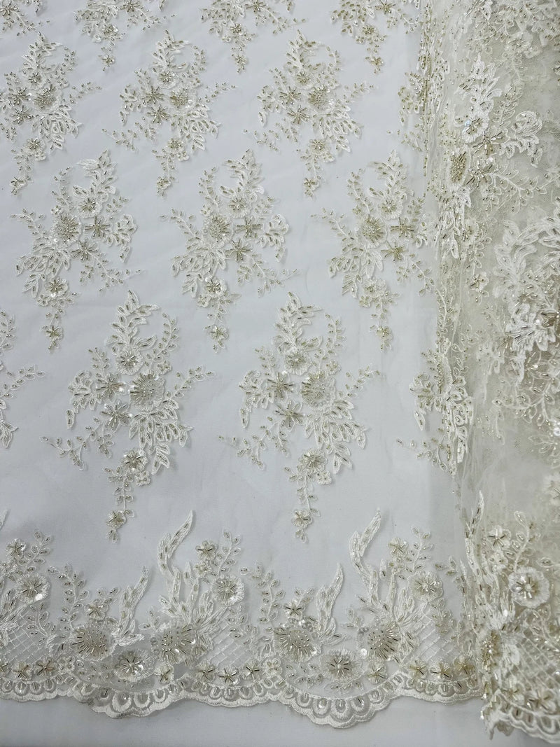 Beaded Sequins Floral Fabric - Ivory - Embroidered Beaded Floral Clusters Sequins Fabric By Yard