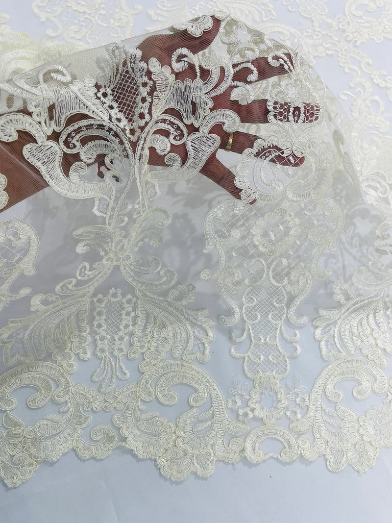 King Lace Design Fabric - Ivory - King Design with Sequins Embroidered On Mesh By Yard