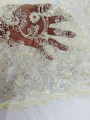 Corded Lace Flower Fabric - Ivory - Floral Design Embroidered Sequins on Mesh Lace Fabric