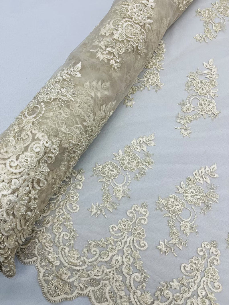 Floral Cluster Beaded Fabric - Ivory - Embroidered Flower Beaded Fabric Sold By Yard