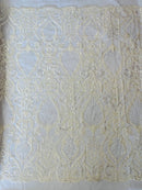 Leaf Damask Bead Fabric - Ivory - Embroidered Sequins Heavy Beaded Lace Fabric by Yard
