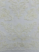 My Lady Beaded Fabric - Ivory - Damask Beaded Sequins Embroidered Fabric By Yard