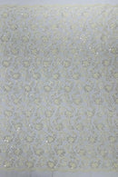 Corded Lace Flower Fabric - Ivory - Floral Design Embroidered Sequins on Mesh Lace Fabric