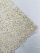 Damask Fancy Design - Ivory - Embroidered Mesh Damask Design Lace Fabric Sold by Yard