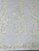 Rose Plant Design Sequins Fabric - Ivory - Embroidered Sequins Rose Pattern on Lace By Yard