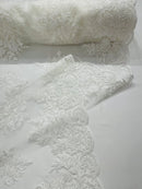 Flower Lace Sequins Fabric - Ivory - Embroidered Floral Pattern Fabric with Sequins on Lace By Yard