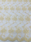 Jasmine Flower Fabric - Ivory - Embroidered Floral Design Lace Mesh Bridal Fabric By Yard