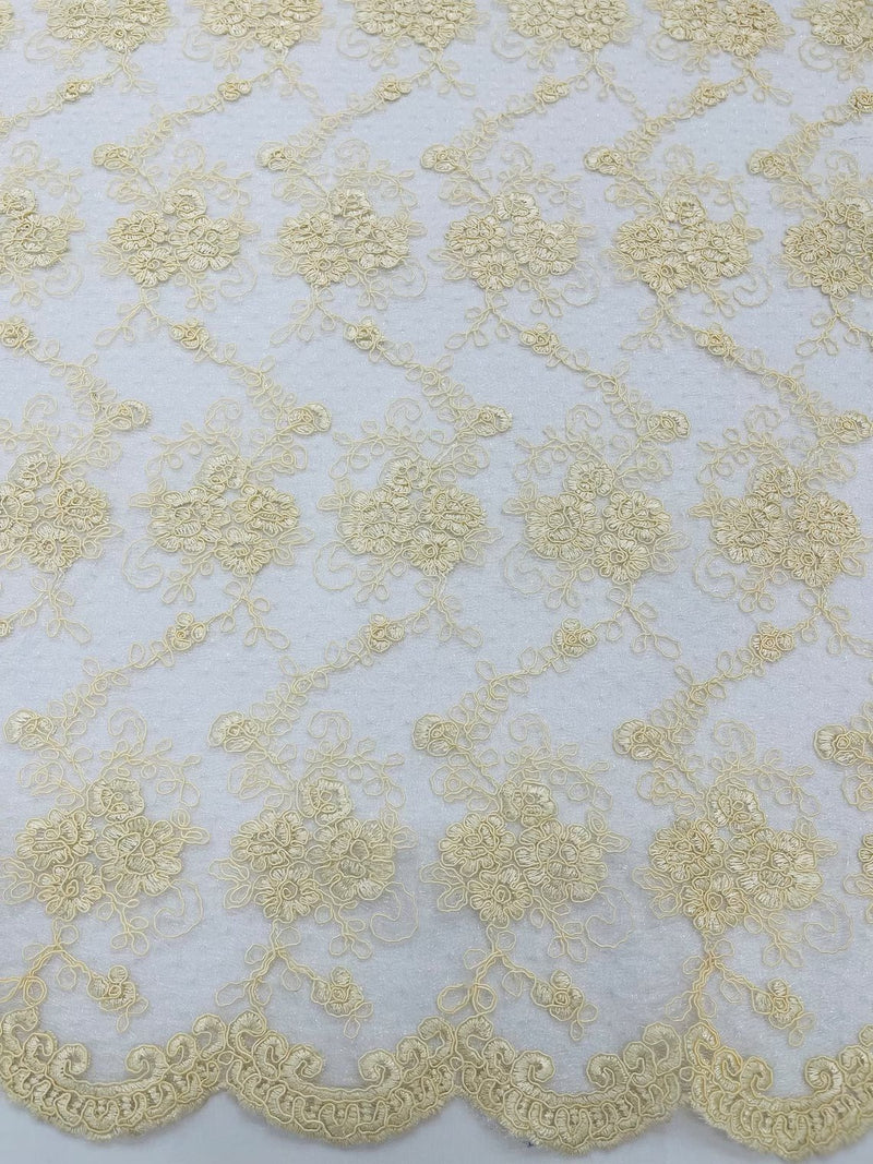 Jasmine Flower Fabric - Ivory - Embroidered Floral Design Lace Mesh Bridal Fabric By Yard