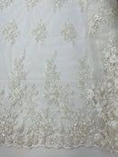 Rose Beaded Sequin Fabric - Ivory - Embroidered Floral Pattern with Beads and Sequins By Yard
