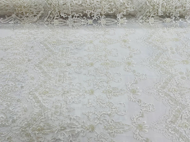 Damask Beaded Glam Fabric - Ivory - Embroidery Beaded Fabric with Round Beads Sold By The Yard