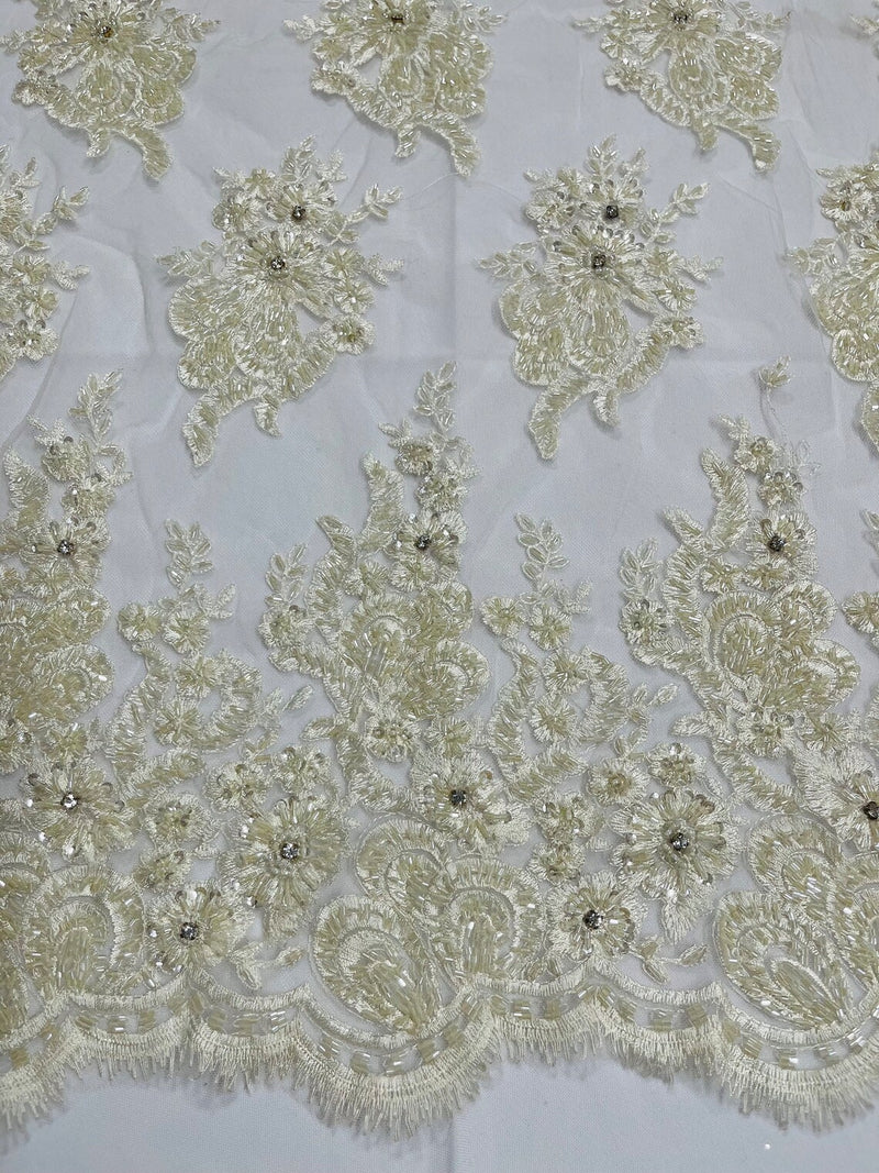 Beaded Rhinestone Fabric - Ivory - Floral Rhinestone Beaded Design with Fancy Border Sold By Yard