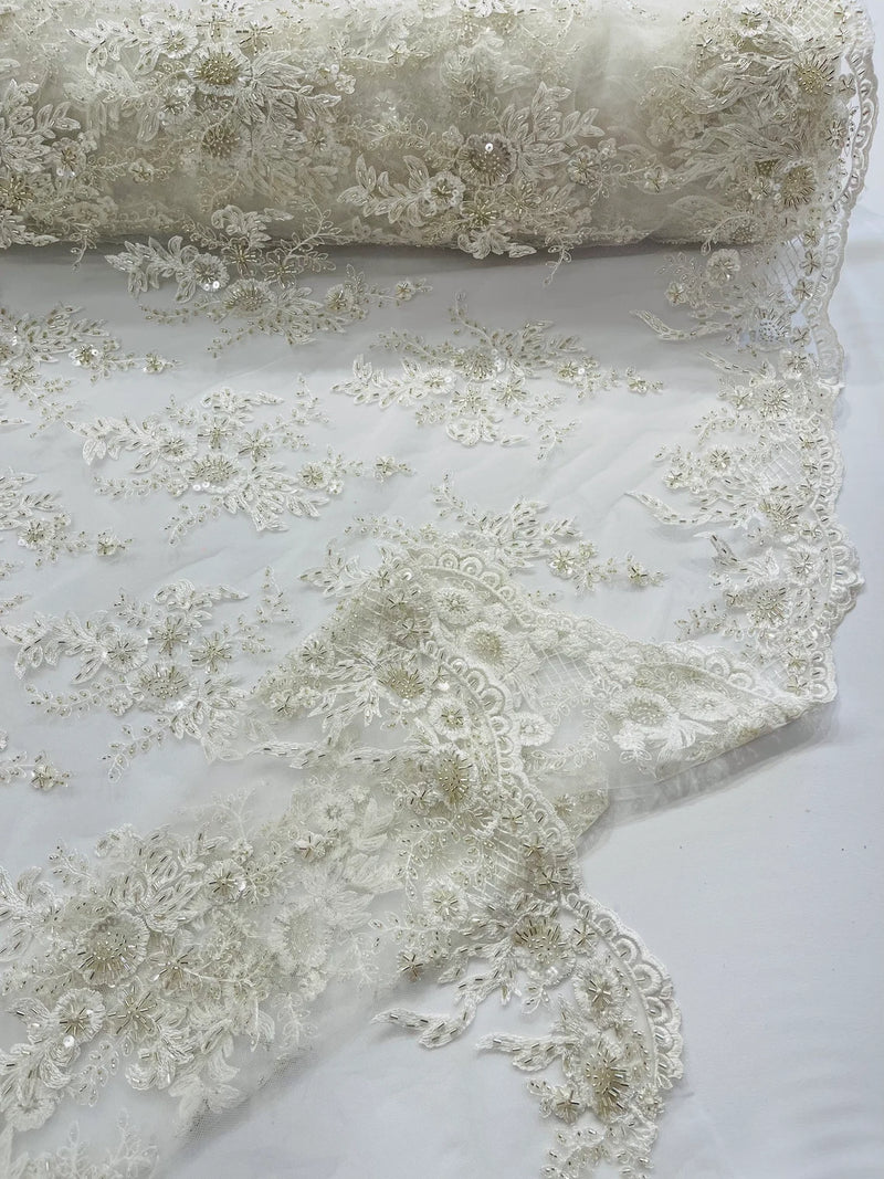 Beaded Sequins Floral Fabric - Ivory - Embroidered Beaded Floral Clusters Sequins Fabric By Yard