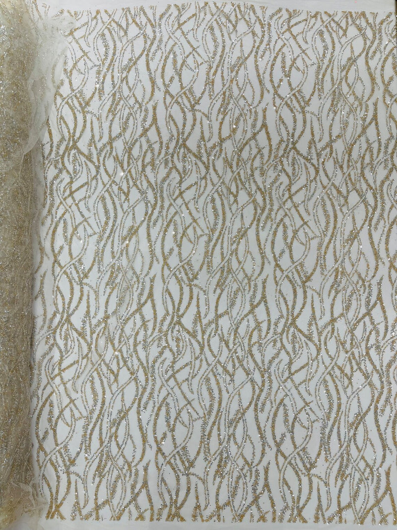 Beaded Wavy Fabric Design - Ivory - Bead and Sequins Wavy Lace Fabric By Yard