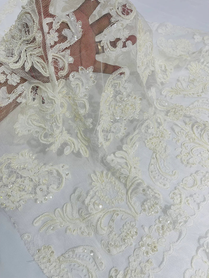 My Lady Beaded Fabric - Ivory - Damask Beaded Sequins Embroidered Fabric By Yard