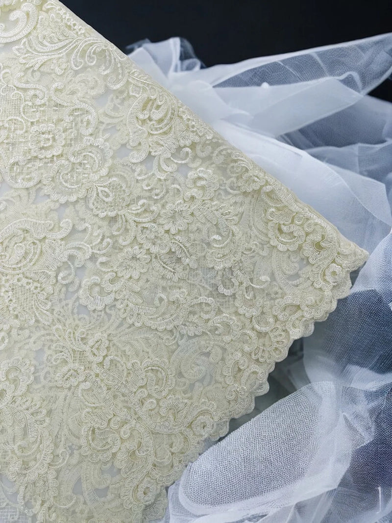 King Lace Design Fabric - Ivory - King Design with Sequins Embroidered On Mesh By Yard