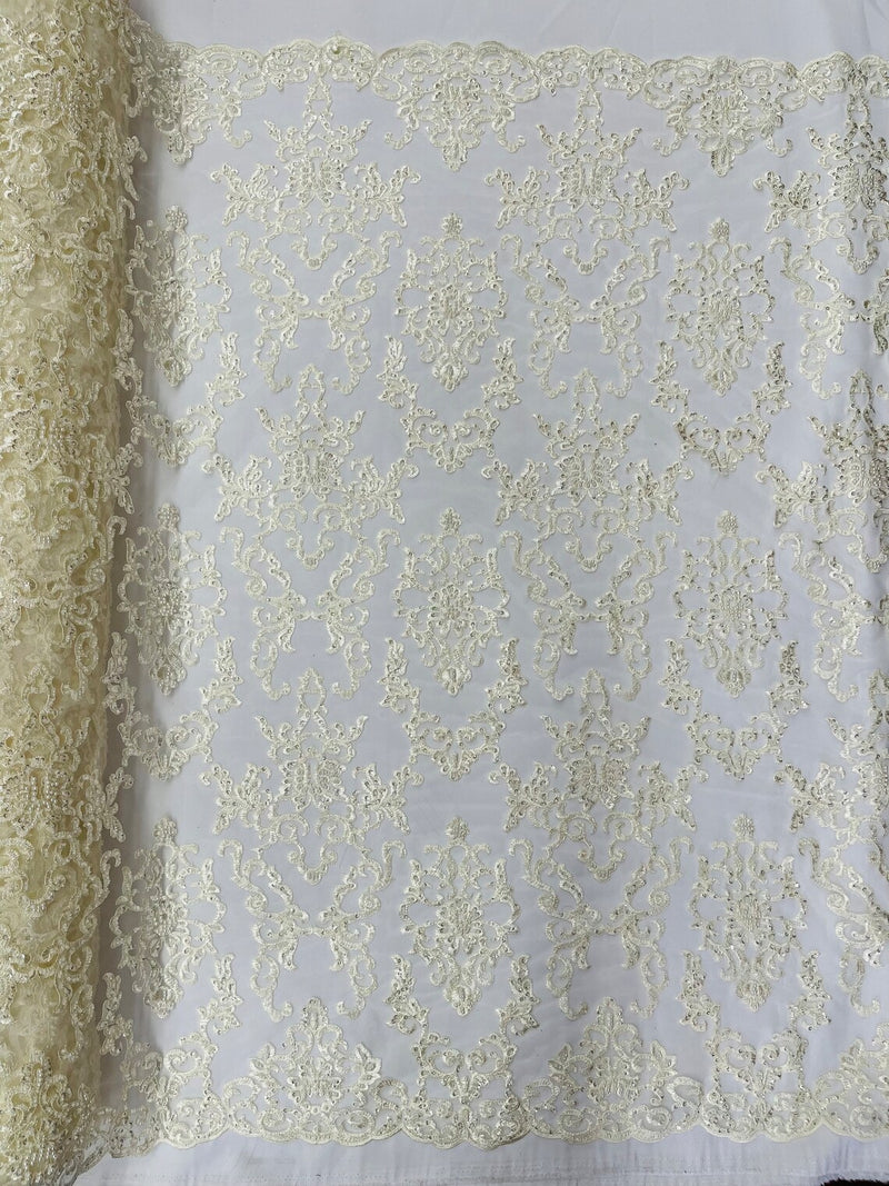 Beaded Butterfly Pattern Fabric - Ivory - Damask Fancy Bead Sequins Fabric Sold by Yard