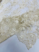 3D Floral Leaf Line Panels - Ivory - 3D Embroidered Flower Lines with Pearls on Lace By Yard
