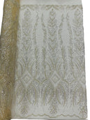 Beaded Line Fabric - Ivory - Luxury Bridal Line Pattern Fabric With Beads, Sequins Sold By Yard