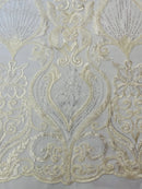 Leaf Damask Bead Fabric - Ivory - Embroidered Sequins Heavy Beaded Lace Fabric by Yard