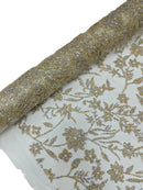 Floral Silver Bead Fabric - Ivory - Beaded Flower Design with Sequins on Lace Mesh by Yard